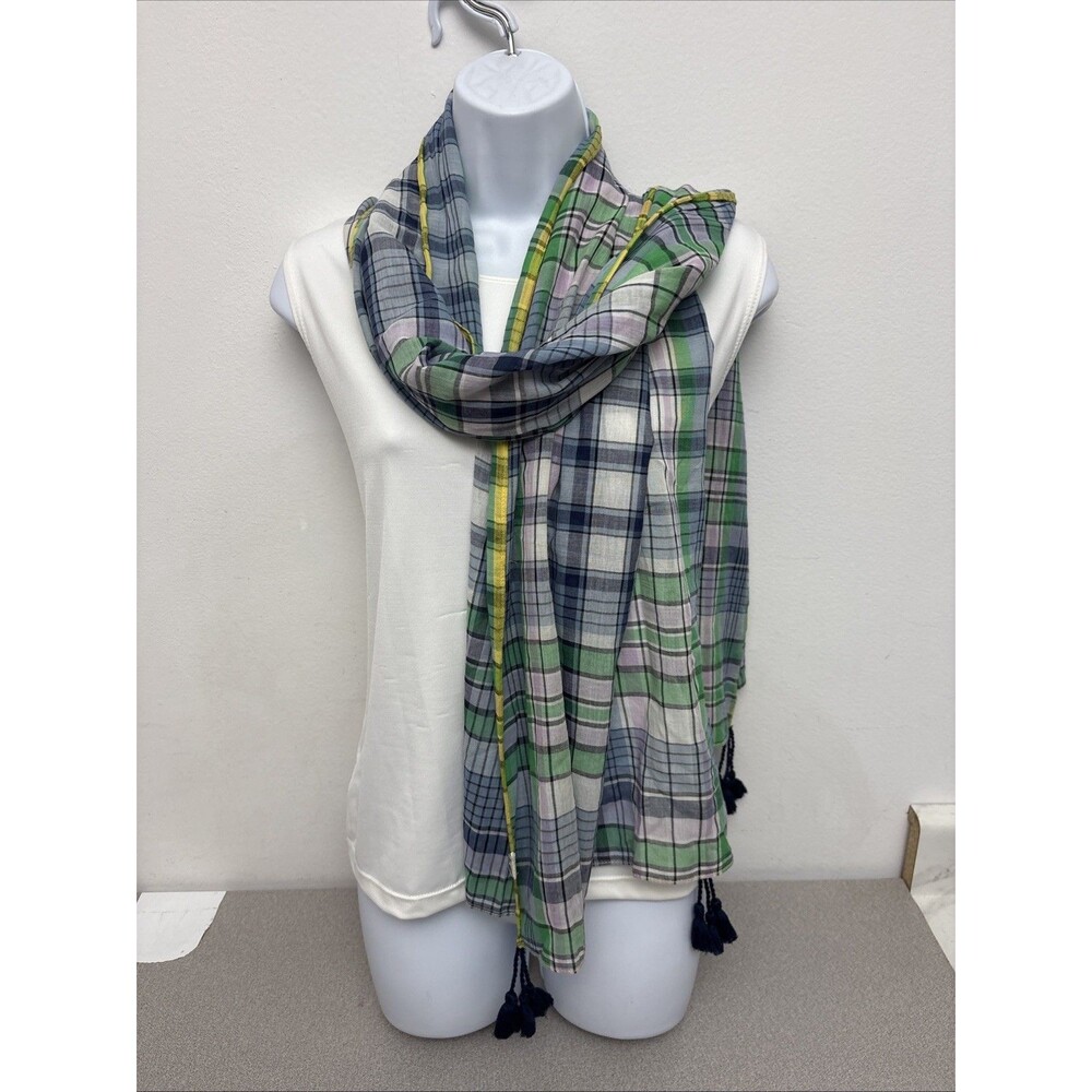 Women’s Lightweight Scarf, Tasseled 70” L x 22”W, Plaid Yellow Blue Green